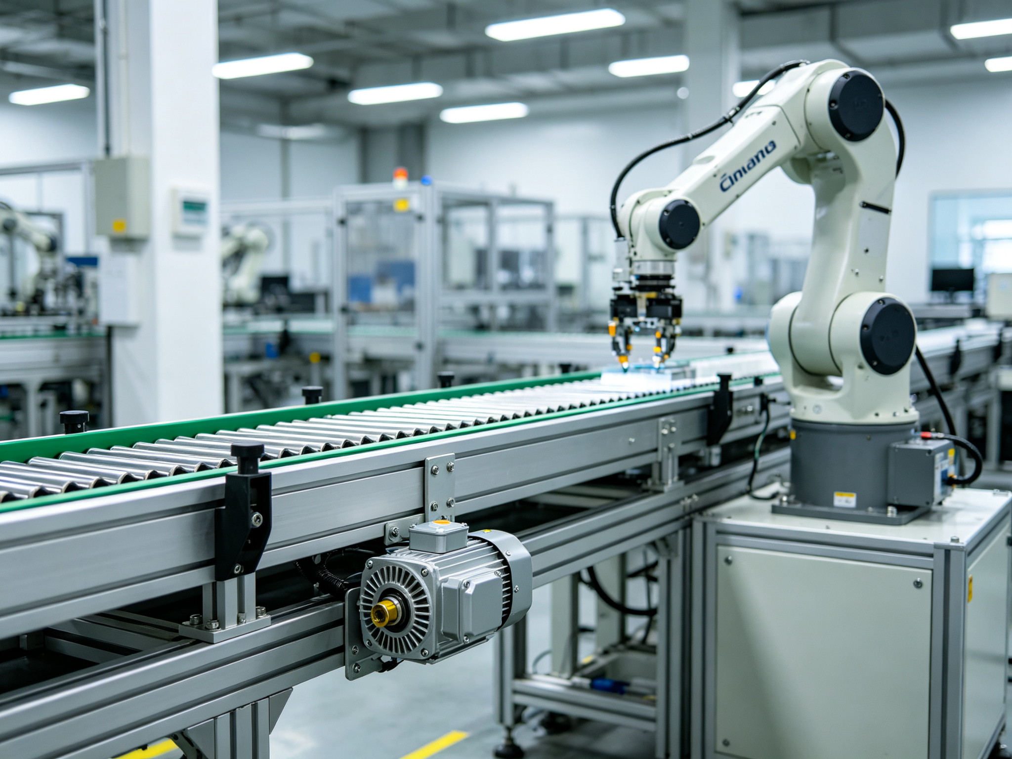 Gear motor driving a conveyor in a factory automation line