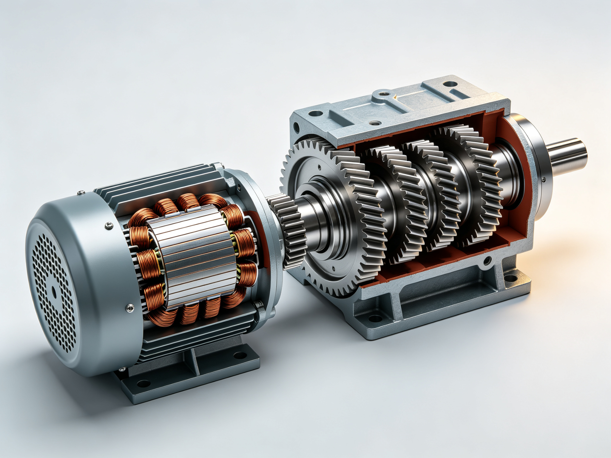 Cutaway view of a gear motor showing the electric motor and the reduction gear train